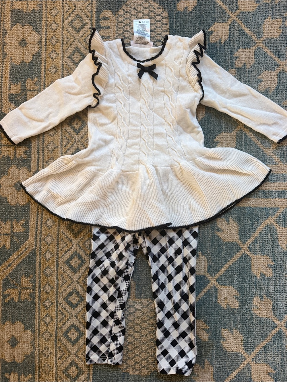 Bonnie Jean Cream sweater Knit Ruffle Dress with Black Trim